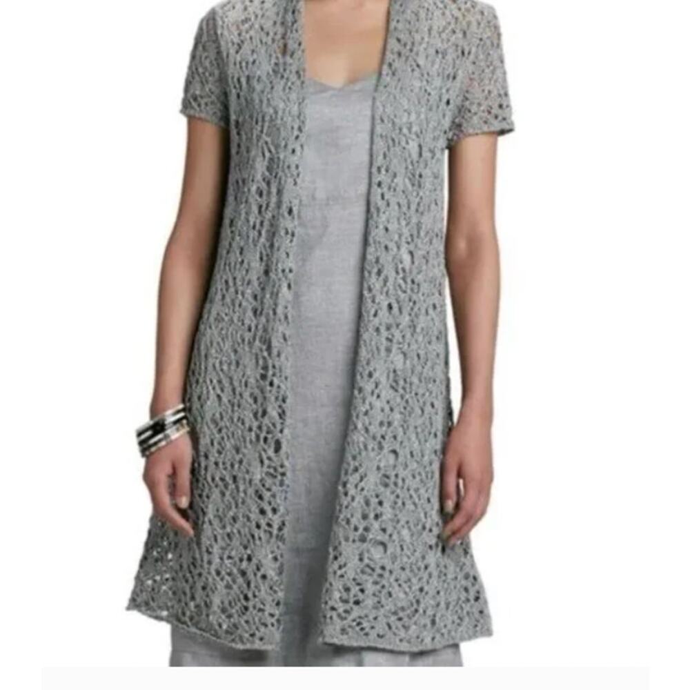 Eileen Fisher Rustic Luster Open Crochet Cardigan Vapor Grey NWOT Size Medium